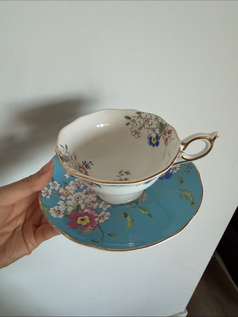 Wedgwood Turquoise Floral Bone China Teacup and Saucer with Gold Trim Never used